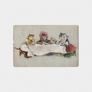 Carte postale Chromo 1909 de mamies anthropomorphes de chat | Carte postale édouardienne antique chromolithographique de dessin animé de chats habillés
