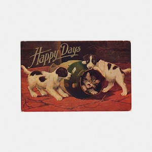 1909 &quot;Happy Days&quot; Cat & Dogs Postcard, Signed B. Cobbs | Antique Edwardian Foil Greeting Card of Tabby Kitten w Jack Russel Terrier Puppies