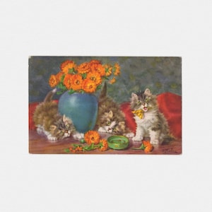 ca. 1920s Orange Dahlie Blumen Chromo Tabby Katze Postkarte, signiert D. Merlin | Antike chromolithographische Postkarte, Stehli Frères aus Zürich