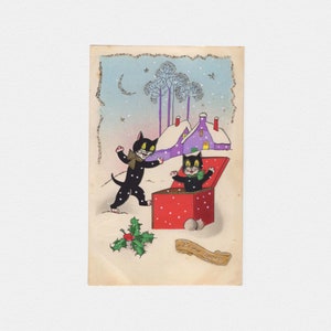 1942 "Bonne Année" Happy New Year's Cartoon Black Cat Postcard | Vintage Appliquéd & Embossed Foil Glitter Christmas Xmas Holiday Post Card