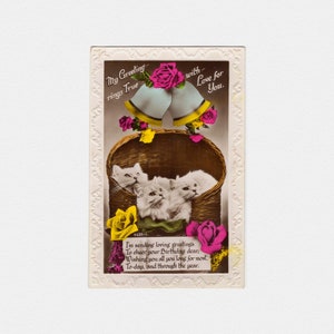 1937 Kätzchen & Glocken Geburtstagskatzenpostkarte | Vintage Midcentury glänzend Hot Pink Neon Gelb Rot Geprägte RPPC Real Photo Postkarte Ephemera