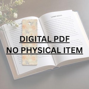 May include: A floral bookmark with peach and white roses is placed in an open book. The bookmark has a hole at the top. The text "DIGITAL PDF NO PHYSICAL ITEM" is displayed in black.