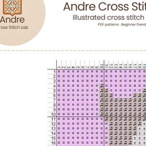 May include: The image shows a cross-stitch pattern chart with a grid of squares in pink, gray, and white. The text "Andre Cross Stitch Lab" is visible, along with "Illustrated cross stitch patterns. Beginner friendly."