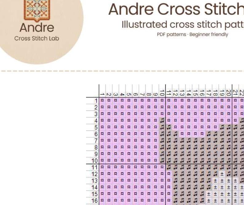May include: The image shows a cross-stitch pattern chart with a grid of squares in pink, gray, and white. The text "Andre Cross Stitch Lab" is visible, along with "Illustrated cross stitch patterns. Beginner friendly."
