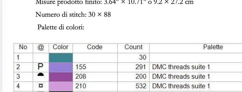 May include: A chart with color palette information for a cross-stitch project. The chart includes a table with color codes, counts, and DMC threads. The finished product size is 3.64" x 10.71" or 9.2 x 27.2 cm. The stitch count is 30 x 88.