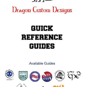 Puede incluir: Gráfico blanco con una ilustración de dragón negro y el texto "Dragon Custom Designs". La imagen también incluye el texto "QUICK REFERENCE GUIDES" y logotipos de varias organizaciones caninas.