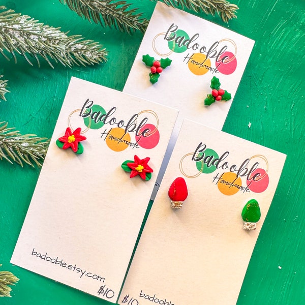 Christmas Stud Earrings, Christmas Light Earrings, Poinsettia Earrings, Holly Leaf Stud Earrings, Clay Statement Studs, Xmas Earrings Studs