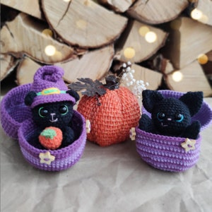 Cat and Bat In Eggs Amigurumi Crochet Pattern. Halloween Toys. Egg Surprise Collection. (Eng-US)