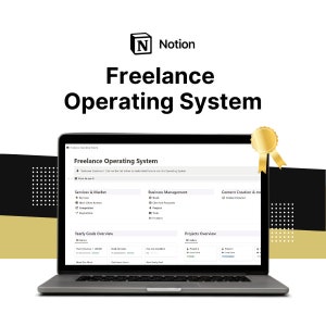 Op de afbeelding: Een laptopscherm dat een Notion-werkruimte weergeeft met de titel "Freelance Operating System". De werkruimte is onderverdeeld in secties voor diensten en markt, bedrijfsbeheer en contentcreatie. De werkruimte bevat ook een overzicht van de jaarlijkse doelen en een overzicht van de projecten.
