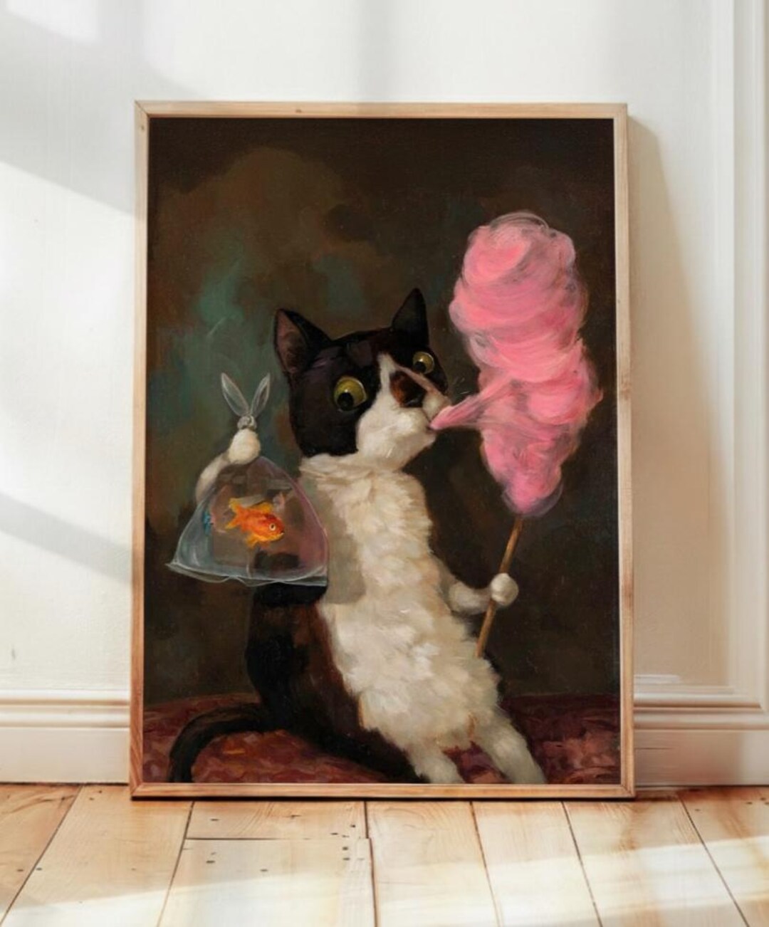 Tuxedo Cat Cotton Candy Art Print | Whimsical Oil Painting Poster ...