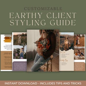 Könnte beinhalten: Ein anpassbarer "Earthy Client Styling Guide" mit grünem Hintergrund. Der Leitfaden zeigt Bilder von schwangeren Frauen und Familien, mit Text wie "Styling Guide 2020" und "Sofort-Download - Enthält Tipps und Tricks."