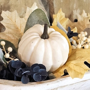 30&quot; Fall Arrangement, Thanksgiving Centerpiece with Maple Leaves, Berries, Lambs Ear, Blue/Yellow Mixed Eucalyptus, Pumpkins in Dough Bowl
