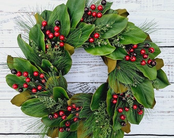 Winter magnolia wreath with red berries, long needle pine and cedar wreath for front door, Christmas wreath with magnolia, cedar and pine