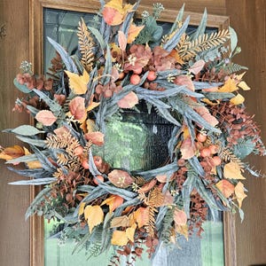 XL Fall Wreath for Front Door, Orange Fall Eucalyptus Wreath With Aspen ...