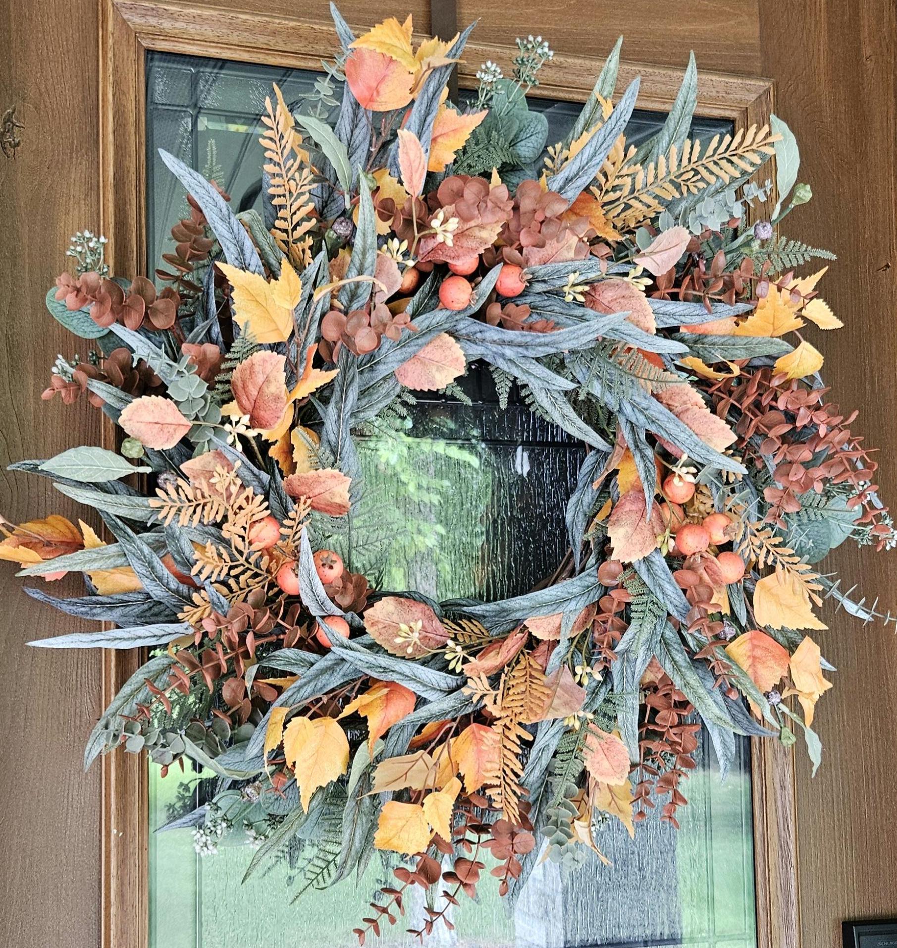XL Fall Wreath for Front Door, Orange Fall Eucalyptus Wreath With Aspen ...