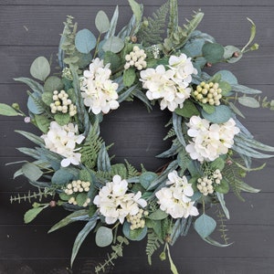 Eucalyptus Wreath for Front Door with Hydrangeas and Berries, Spring and Summer Eucalyptus Wreath, Floral Home Decor,