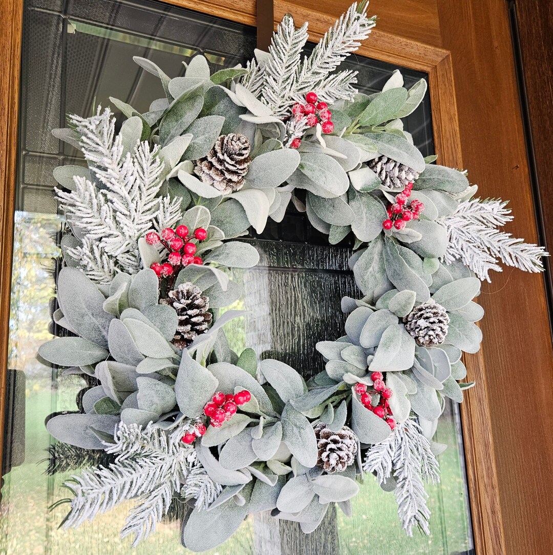 Flocked Winter Lambs Ear Wreath for Front Door With Pinecones, Red ...
