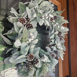 Winter, Lambs Ear Wreath with Flocked Juniper, Snowy White Berries and Snowy Pinecones for Front Door or Winter Home Decor, Winter Wreath