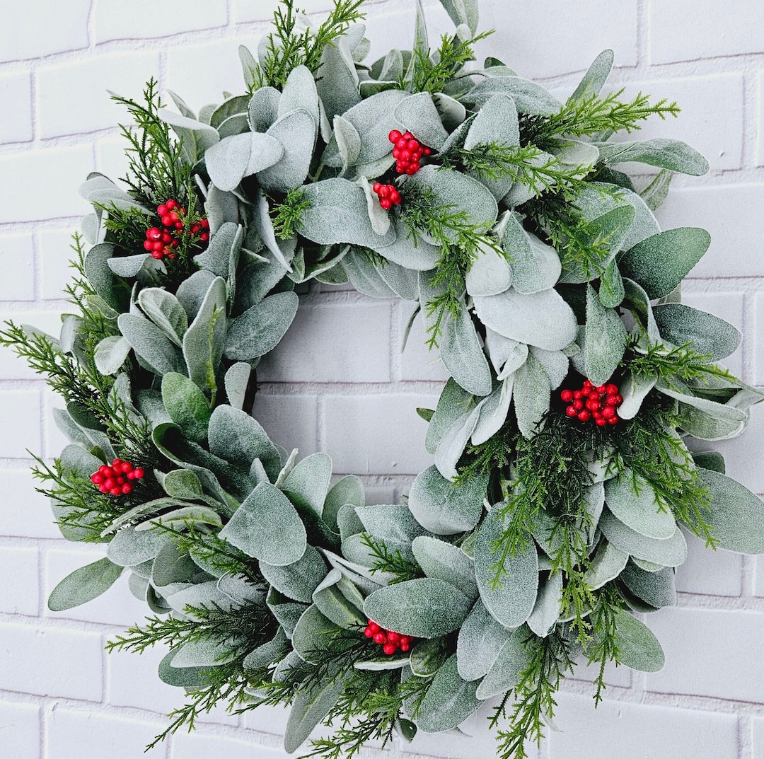 Winter Lambs Ear Wreath for Front Door With Cedar Greenery and Red ...