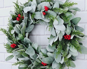 Winter Lambs Ear Wreath for Front Door with Cedar Greenery and Red Berries, Winter Farmhouse Home Decor, Greenery Wreath, Holiday Wreath