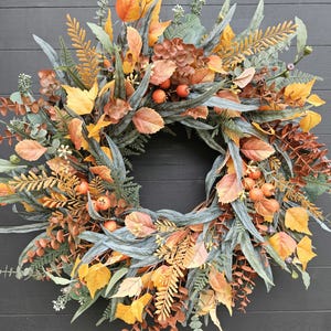 XL Fall Wreath for Front Door, Orange Fall Eucalyptus Wreath With Aspen ...