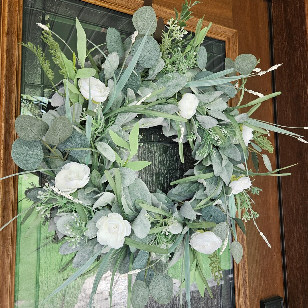 Eucalyptus and Lambs Ear Wreath for Front Door With Ranunculus Flowers ...