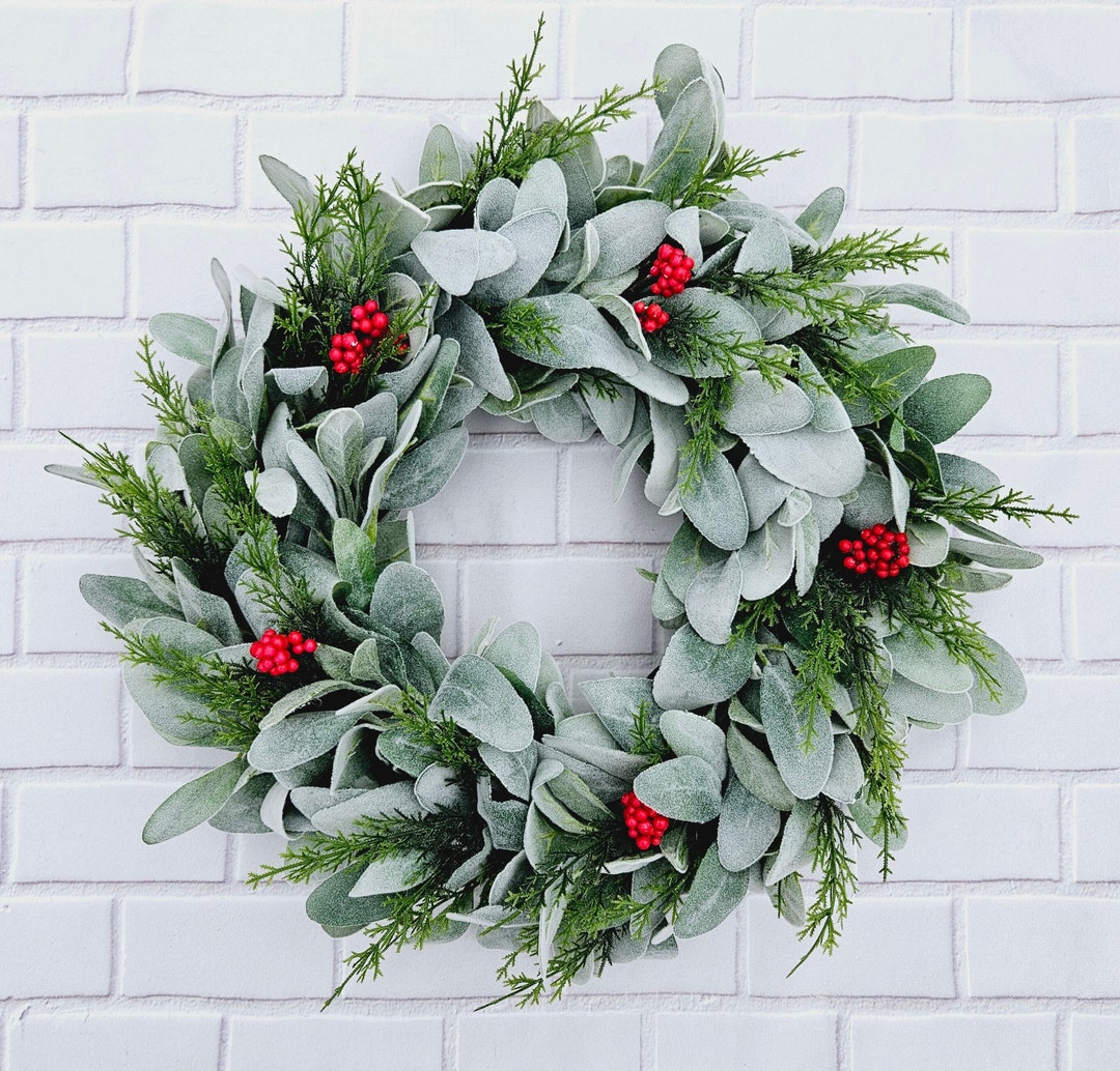 A Festive Winter Christmas Lambs Ear Wreath With Cedar and - Etsy