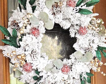Flocked Christmas Wreath for Front Door with Bay Leaves, Pinecones, Icy Balls, Berries, Eucalyptus, Traditional Holiday Home Decor Wreath