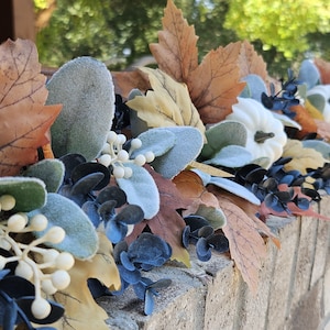 6 Foot Fall Garland for Mantel, Lambs Ear, Blue & Golden Eucalyptus, Neutral Brown/Tan Maple Leaves, Pumpkins, Berries, Blue Fall Home Decor