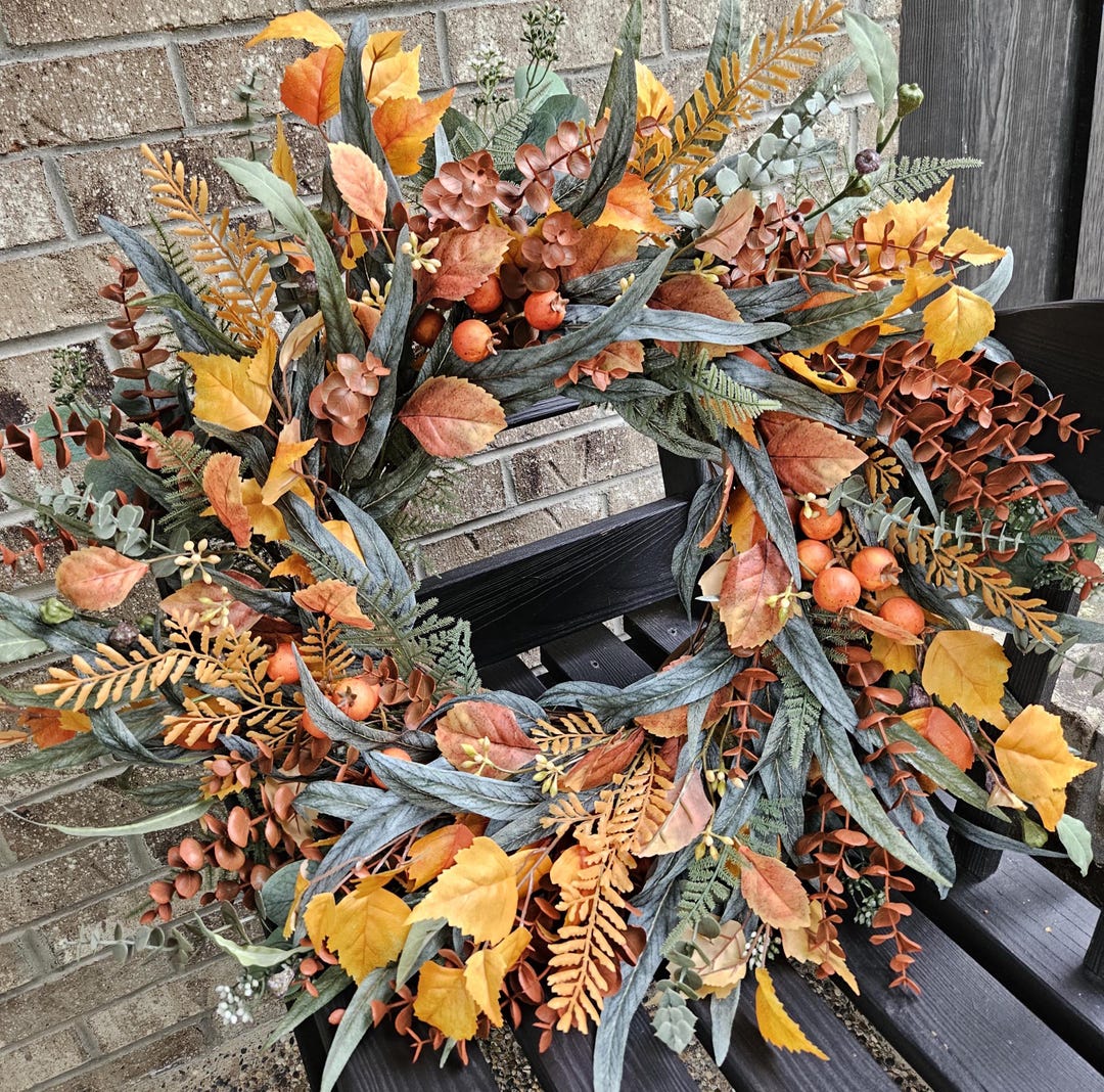 XL Fall Wreath for Front Door, Orange Fall Eucalyptus Wreath With Aspen ...