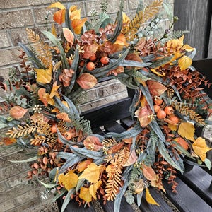 XL Fall Wreath for Front Door, Orange Fall Eucalyptus Wreath With Aspen ...