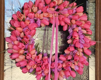 Tulip Wreath for Front Door with Pink Velvet Bow, Spring and Summer Wreath, Easter Decor, Pink, Purple and Peach Tulips, Mother's Day Gift