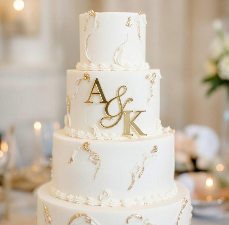 May include: A four-tiered white wedding cake with gold accents and the initials "A&K" in gold. The cake is decorated with gold swirls and small gold embellishments, creating an elegant and celebratory design.