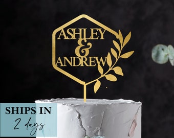 Couple Names Wedding Cake Topper, Floral Custom Cake Toppers For Wedding, Personalized Mr & Mrs Cake Topper, Wooden Topper, Gold Cake Topper