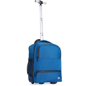 May include: A blue rolling backpack with a telescoping handle and two wheels. The backpack has multiple zippered compartments, a side mesh pocket, and a small logo on the bottom right corner. The handle is silver and the backpack is made of a durable material.