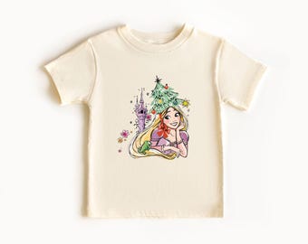 Retro Rapunzel Pascal And Flynn Christmas Tree Coquette Bow T-shirt, Tangled Christmas Shirt, Disney Princess Holiday Tee, Gift For Couple