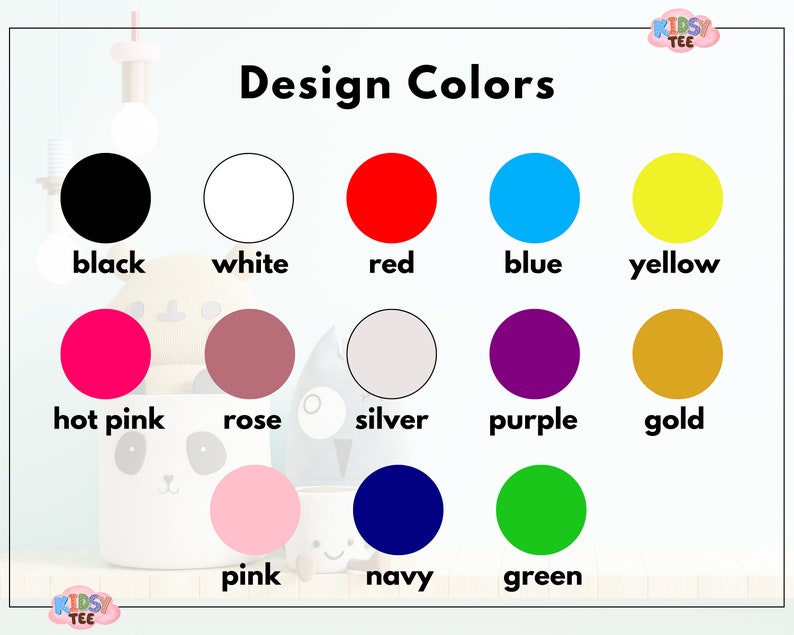 K&ouml;nnte beinhalten: Ein Diagramm, das 12 verschiedene Farben mit ihren Namen unter jeder Farbe zeigt. Die Farben sind Schwarz, Wei&szlig;, Rot, Blau, Gelb, Pink, Rosa, Silber, Lila, Gold, Rosa und Marineblau.