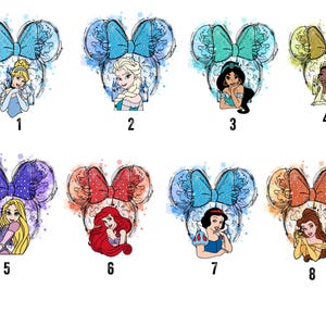 May include: A collection of eight graphic illustrations featuring various animated characters positioned below stylized mouse ears with polka-dot bows. Each character is set against a watercolor-style background with numbered labels from one to eight.
