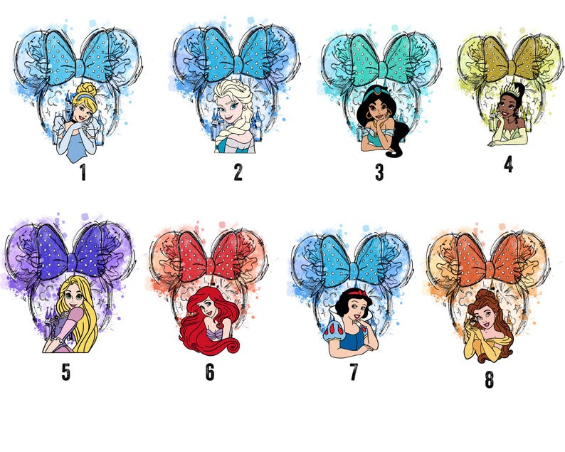 May include: A collection of eight graphic illustrations featuring various animated characters positioned below stylized mouse ears with polka-dot bows. Each character is set against a watercolor-style background with numbered labels from one to eight.