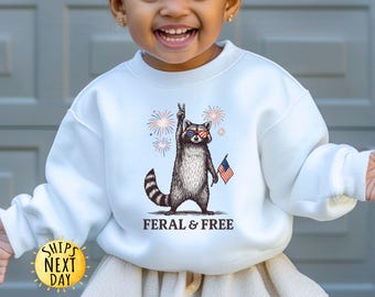 Funny 4th of July Boys Shirt, Feral But Free Fourth of July Kids Shirt, Patriotic Toddler Boy Tee, Independence Day, Funny Raccoon Boys Tee