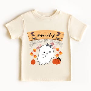 Personalized Retro Halloween Toddler Shirt Ghost Halloween Kids Tee Cute Ghost Coquette Halloween Shirt for Girl Name Ghost Toddler Gift