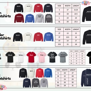 K&ouml;nnte beinhalten: Eine Gr&ouml;&szlig;entabelle f&uuml;r Jugend-, Kleinkind- und Erwachsenen-Sweatshirts und T-Shirts. Die Tabelle zeigt die verschiedenen Gr&ouml;&szlig;en, Breiten und L&auml;ngen f&uuml;r jede Art von Kleidungsst&uuml;ck. Die Tabelle enth&auml;lt auch eine Vielzahl von Farben f&uuml;r jede Art von Kleidungsst&uuml;ck, darunter Schwarz, Wei&szlig;, Rot, Marineblau, Rotbraun, Royalblau, Sportgrau, Dunkelgrau, Athletikgrau und Rosa.