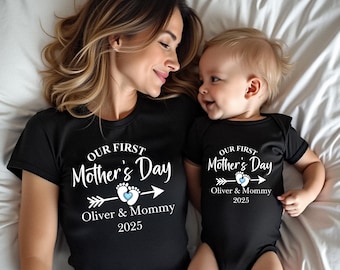 Camiseta personalizada a juego "Nuestro primer Día de la Madre" - Camiseta y body para bebé del primer Día de la Madre - Suéter personalizado para mamá