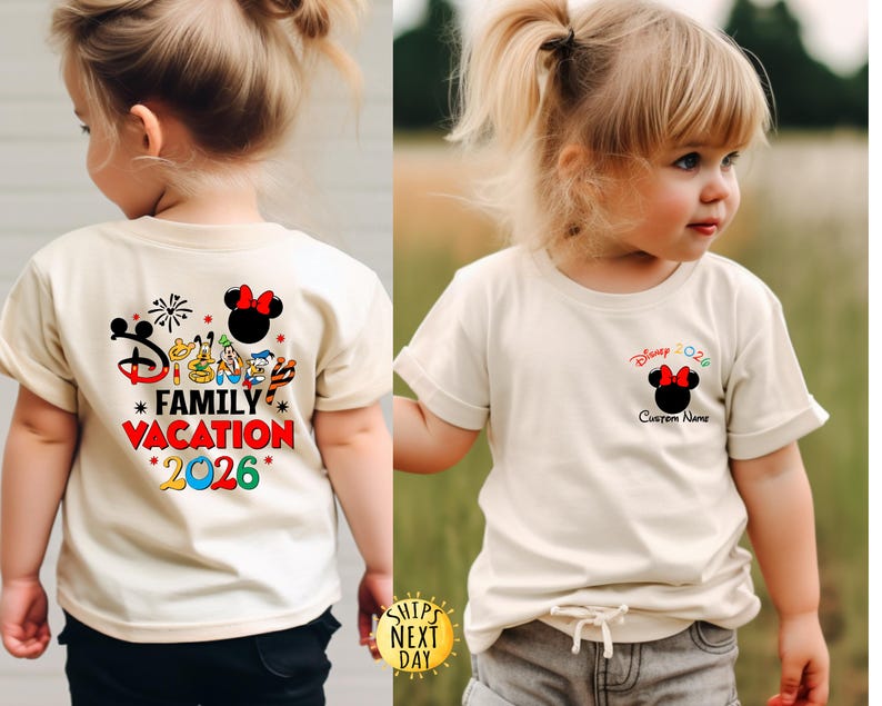 May include: Two children wearing cream-colored t-shirts with Disney-themed graphics. One shirt features "Family Vacation *2026*" and Disney characters on the back. The other shirt has a Minnie Mouse design and "Disney 2026" with a space for a custom name.