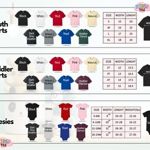 May include: Image of children's clothing: youth shirts, toddler shirts, and onesies in various colours. Size charts show width and length in inches, and weight in pounds for onesies. Measurements are also provided in cm: S (38x51), M (41x56), L (43x58), XL (46x61).
