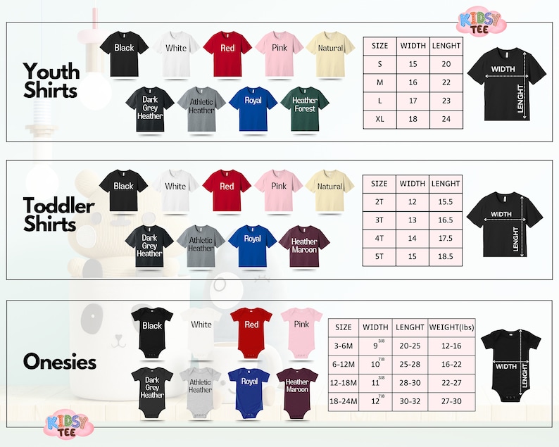 May include: Image of children's clothing: youth shirts, toddler shirts, and onesies in various colours. Size charts show width and length in inches, and weight in pounds for onesies. Measurements are also provided in cm: S (38x51), M (41x56), L (43x58), XL (46x61).