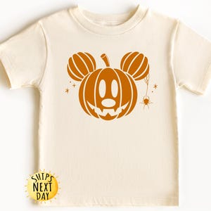 May include: A white t-shirt with an orange pumpkin design shaped like Mickey Mouse. The pumpkin has a jack-o'-lantern face and a spider web with a spider hanging from it.