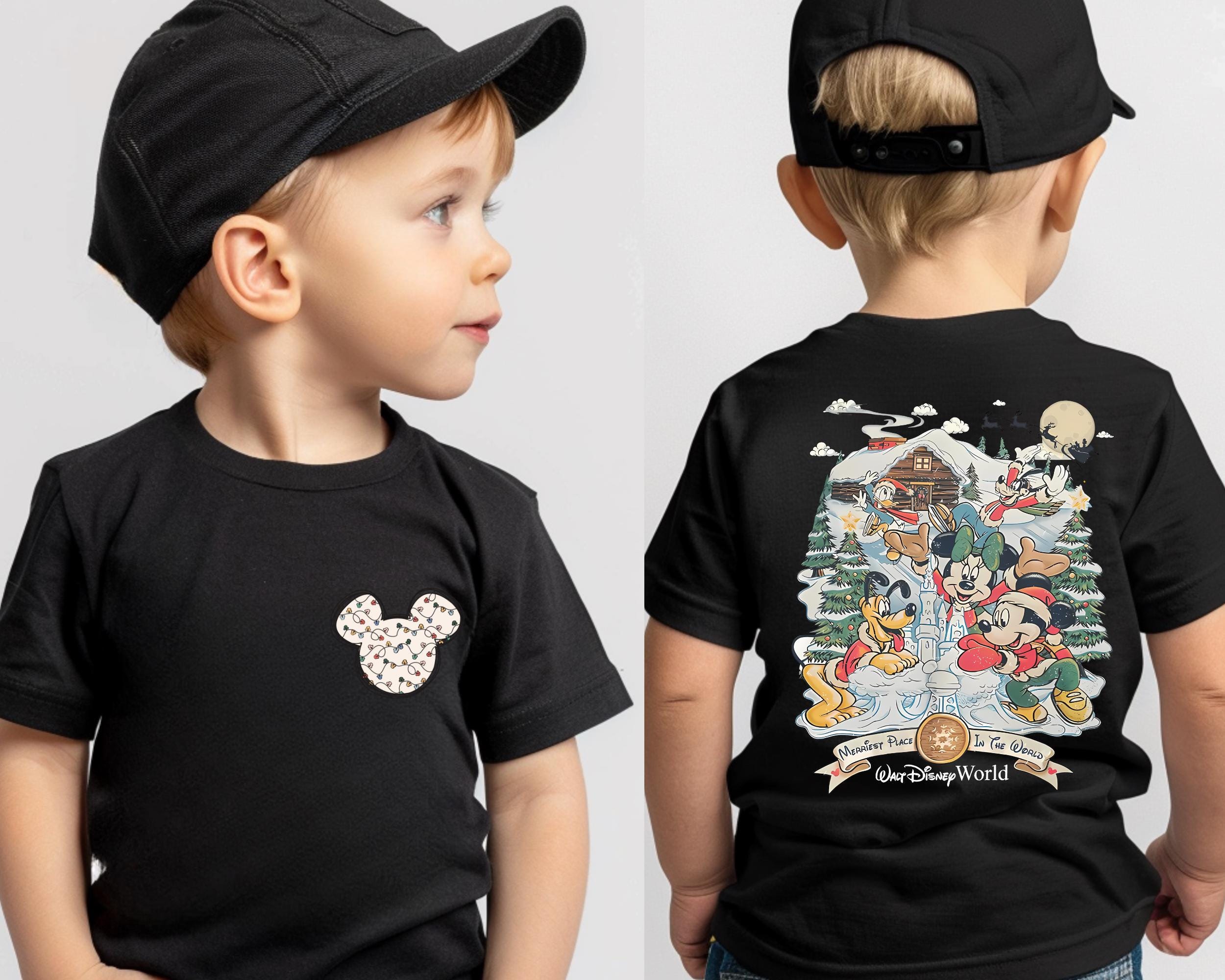Retro Christmas Merriest Place in The World Front and Back Kids Shirt, Mickey and Minnie Santa Claus Toddler,Xmas Kids Gift,Youth Sweatshirt