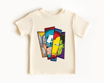 Superheroes Kids T-Shirt, Iron Man Spider Hulk Shirt, Boys Comic Book Tee, Cool Hero Faces Tee for Vacation or Gift, Avengers Matching Tee