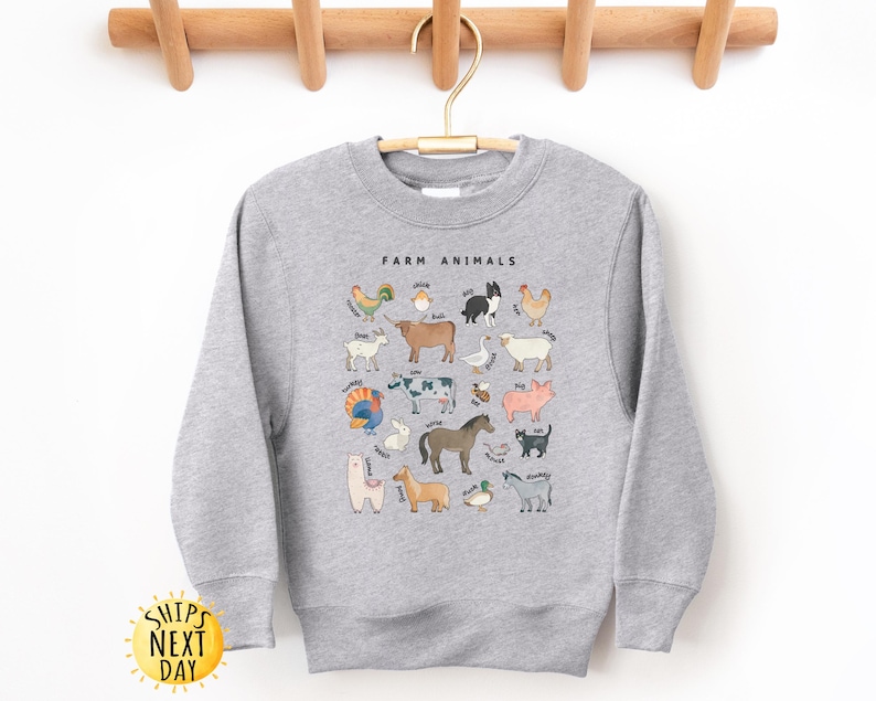 K&ouml;nnte beinhalten: Grauer Pullover mit einem Aufdruck von Nutztieren und dem Text "Farm Animals" auf der Vorderseite.